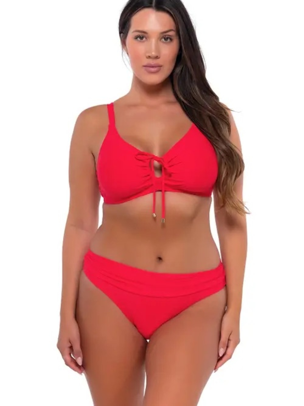 Ruched Tie-Front Red Bikini Set - Women Swim